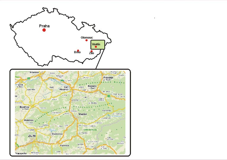 Orientační mapa: Česká republika s výřezem okolí Vsetína